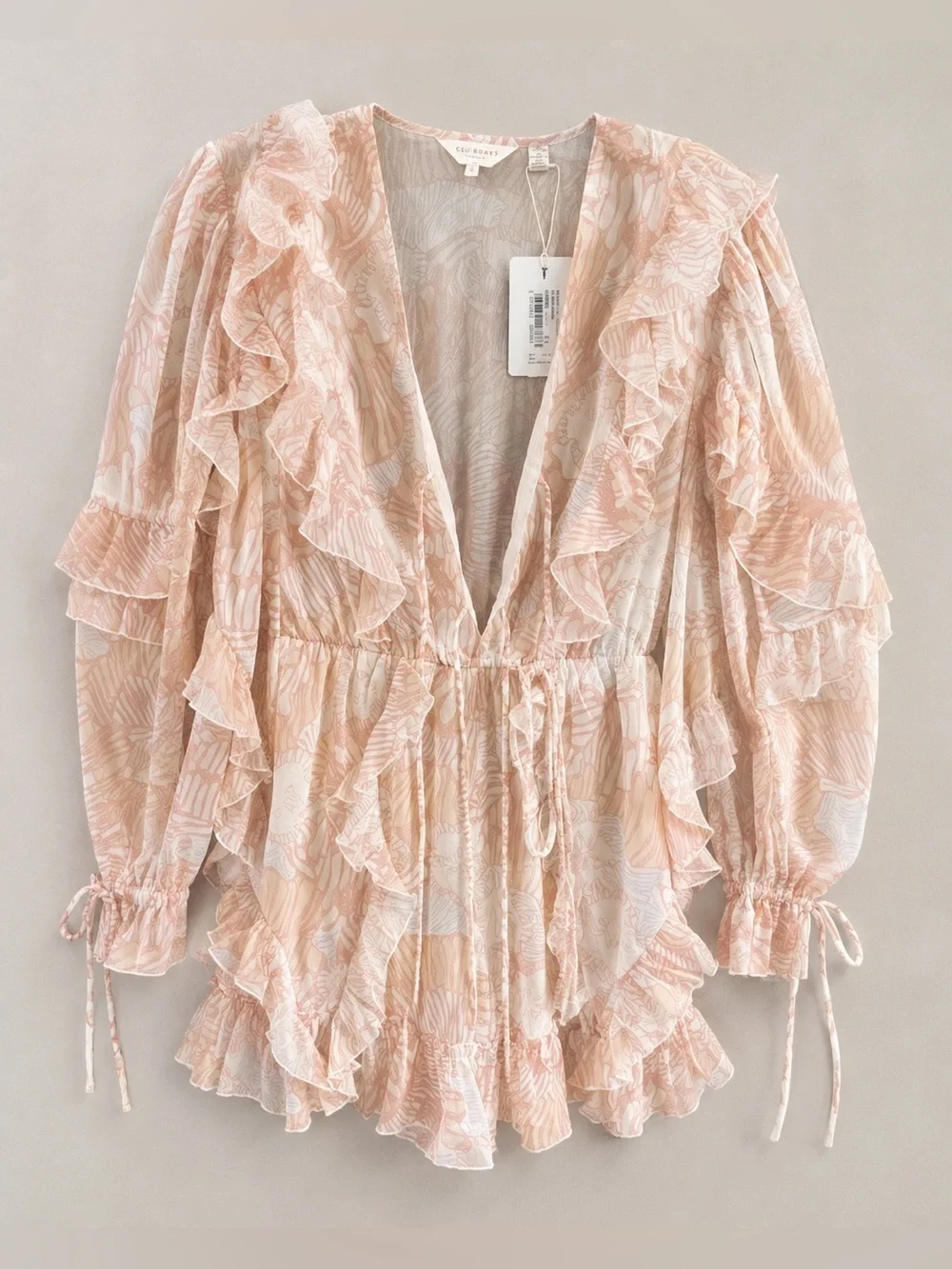 Ted Baker Womens Size 0 Pink Ruffle Mini Dress Sheer Long Sleeve Floral Romper